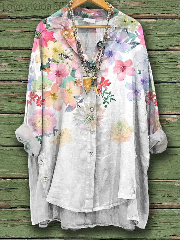 Women's Flower Print Casual Cotton And Linen Shirt