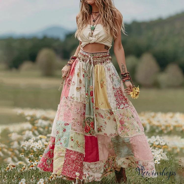 Vintage Boho Roses Patchwork Art Flowy Linen Skirt