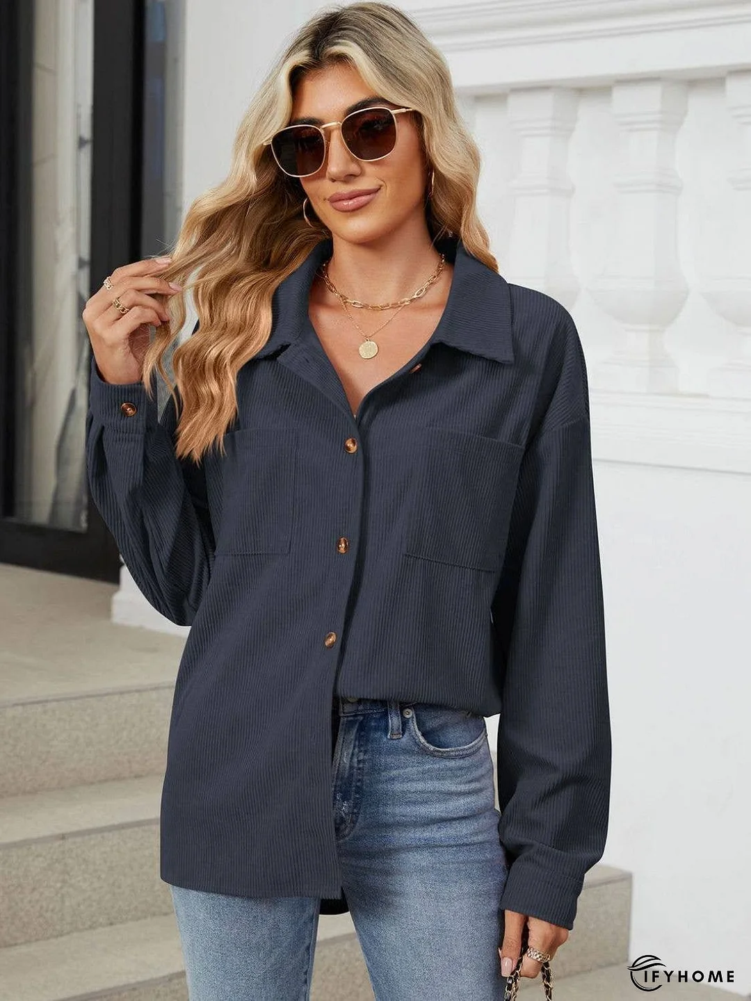 Button Up Dropped Shoulder Long Sleeve Outerwear | IFYHOME