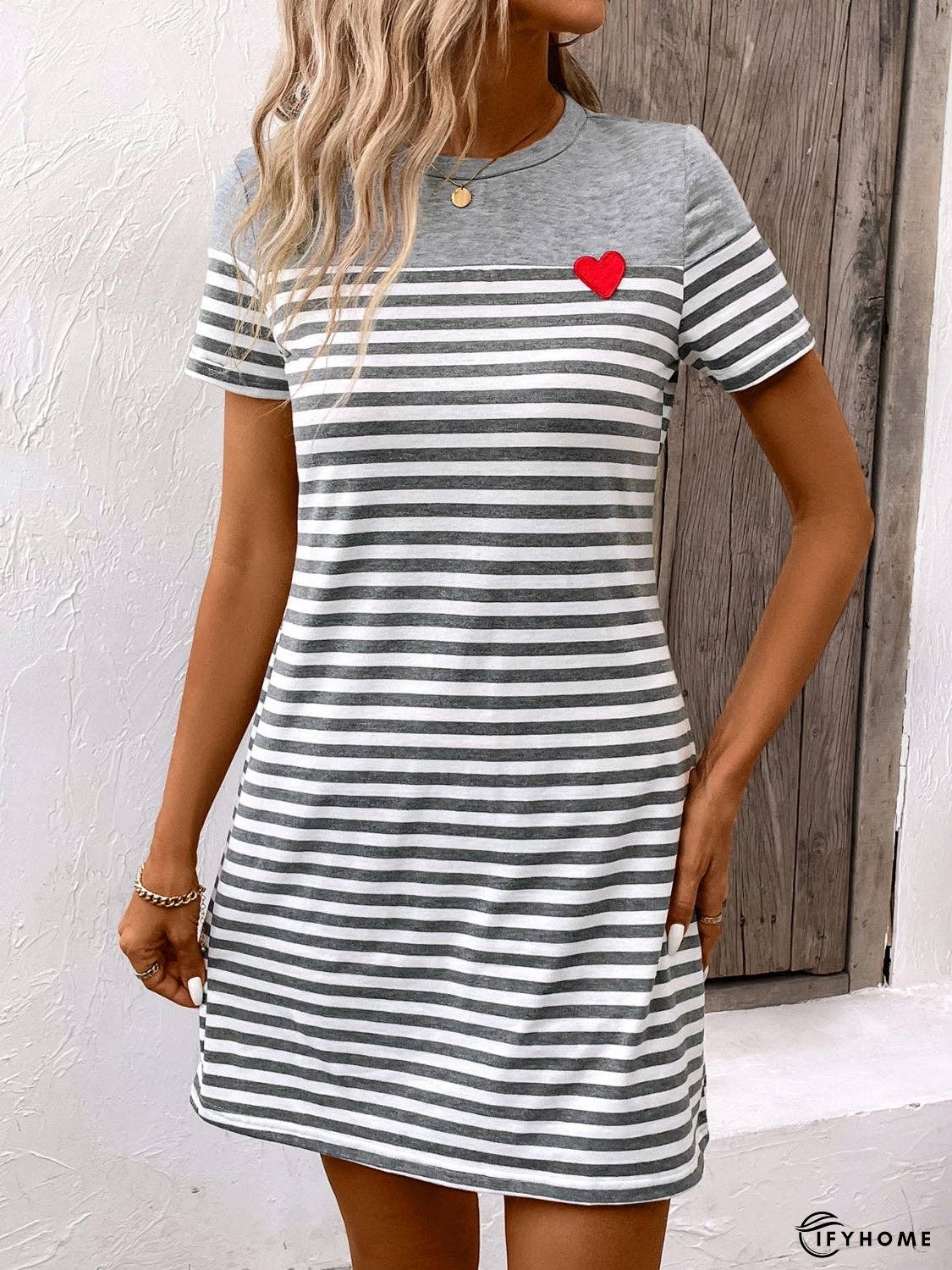 Striped Round Neck Short Sleeve Mini Dress | IFYHOME