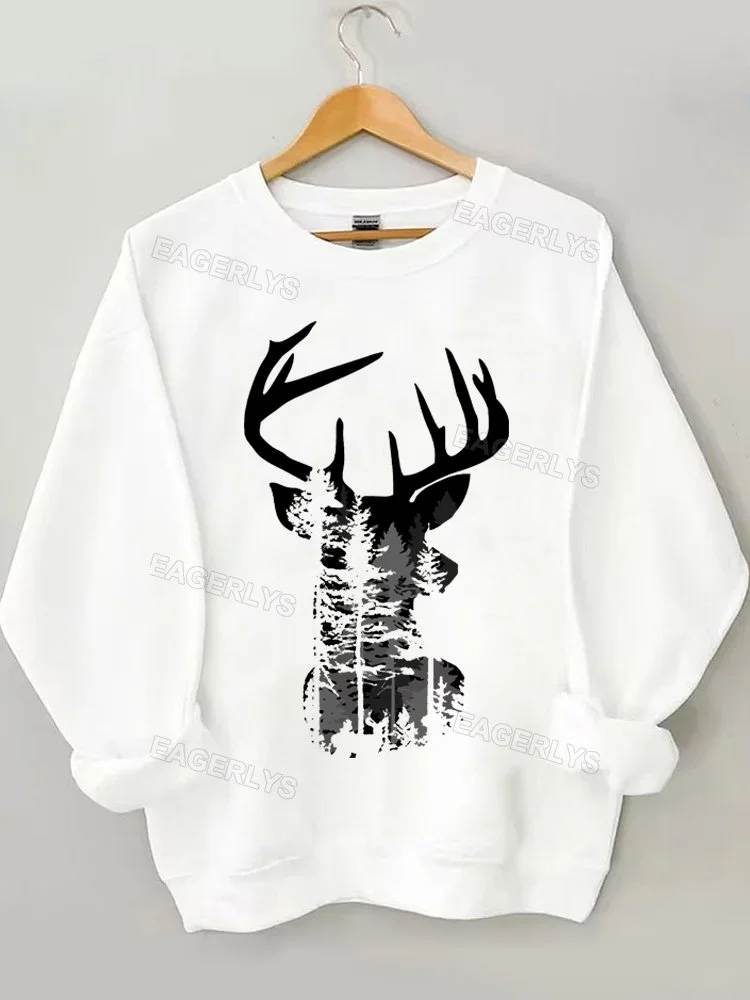Eagerlys Forest Deer Printed Casual Sweatshirt Eagerlys