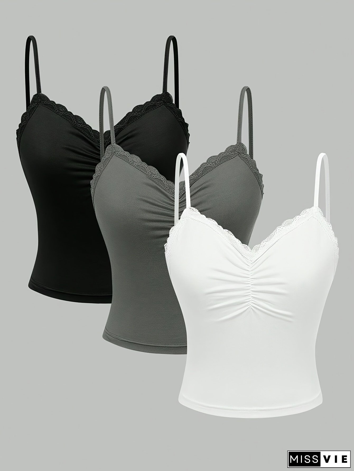 Women's Solid Color Simple Thin Shoulder Strap Contrast Lace Three Piece Set Top 439T-2