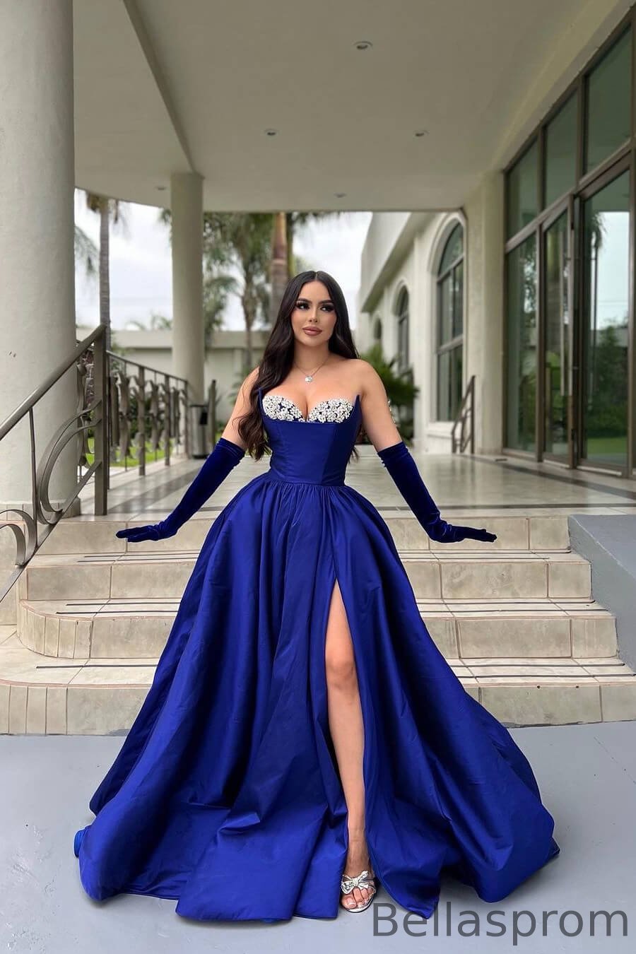 Bellasprom Dark Blue Sweetheart A-Line Prom Dress With Split Beadings Online Bellasprom