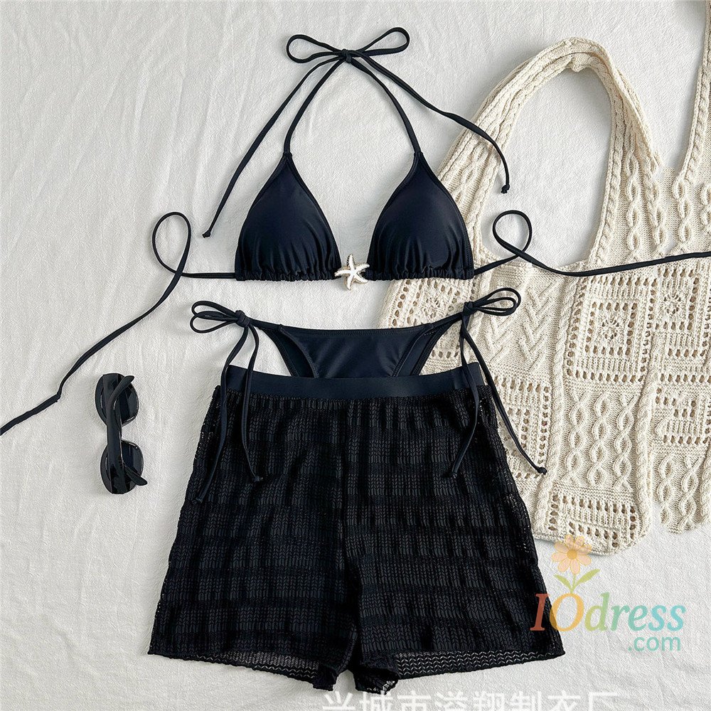 IO Dress Metal Starfish Ornament Swimwear Black Halter String Triangle Bikinis Sets 3 Pieces Mesh Shorts Bottom Sexy Swimsuit Women 2025