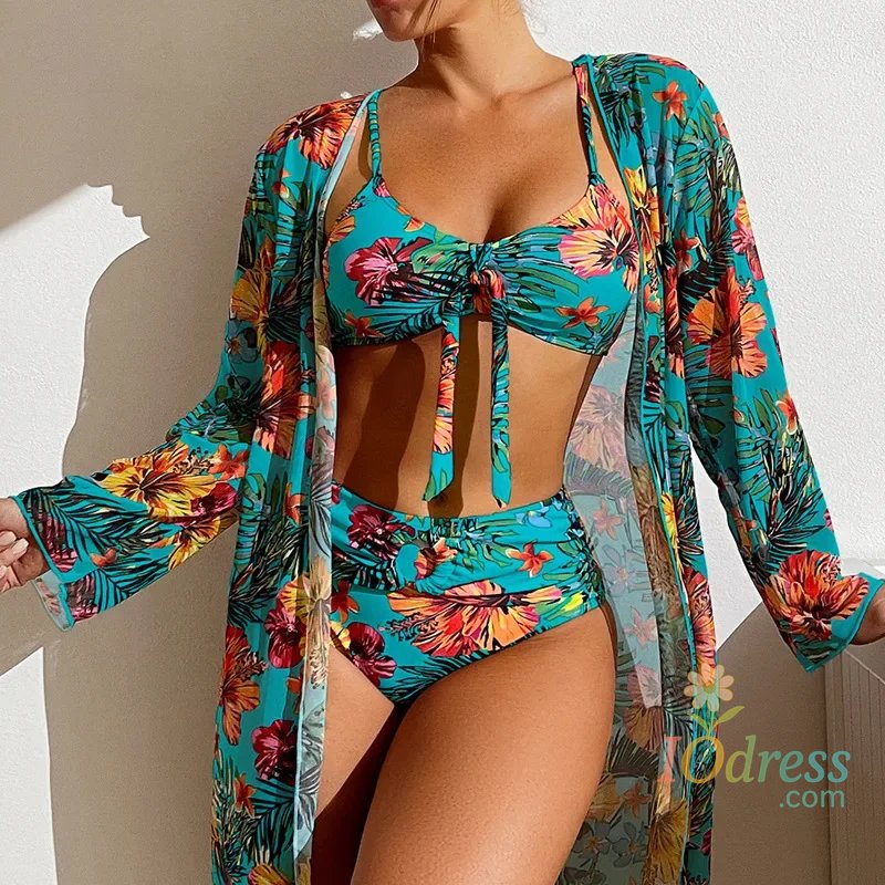 IO Dress Sexy Women Beach Bikinis Three Pieces Bikini Set Cover Up Swimwear High Waisted Bikini Set Women Swimwear Print