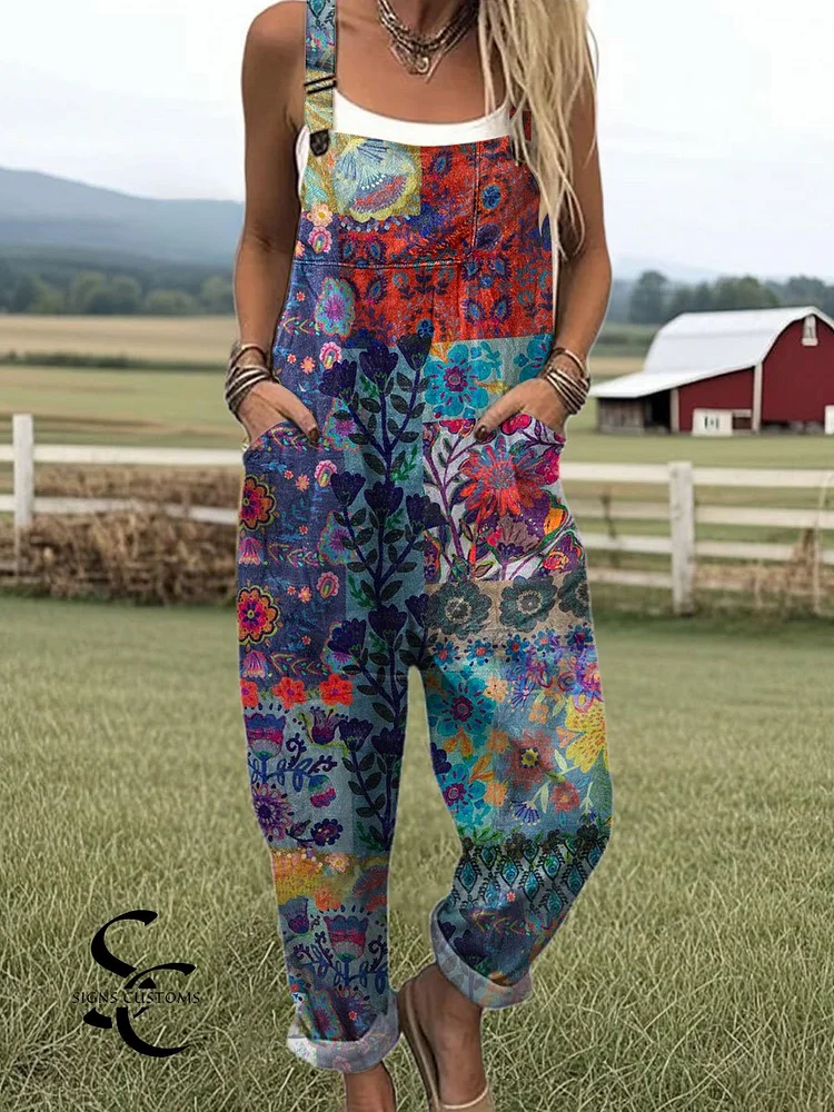 Women's  Patchwork Floral Art Print Casual 100% Cotton Wide Leg Jumpsuit