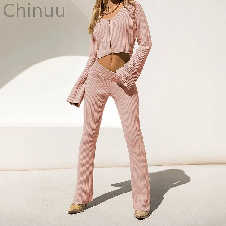 Long Sleeve Cardigan Zipper Casual Set