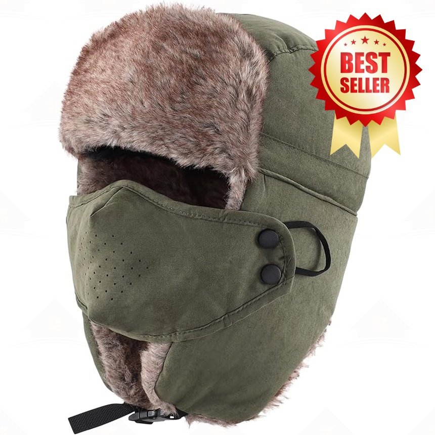 Home Prefer Mens Warm Faux Fur Trooper Trapper Hat Outdoor Reflective Winter Hunting Hat with Ear Flaps Face Mask