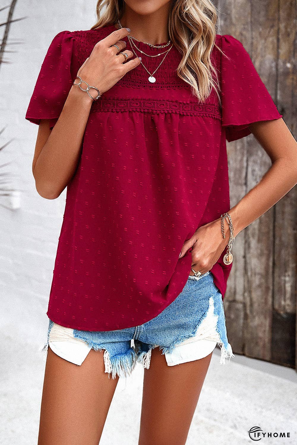 Swiss Dot Smocked Round Neck Short Sleeve Blouse | IFYHOME