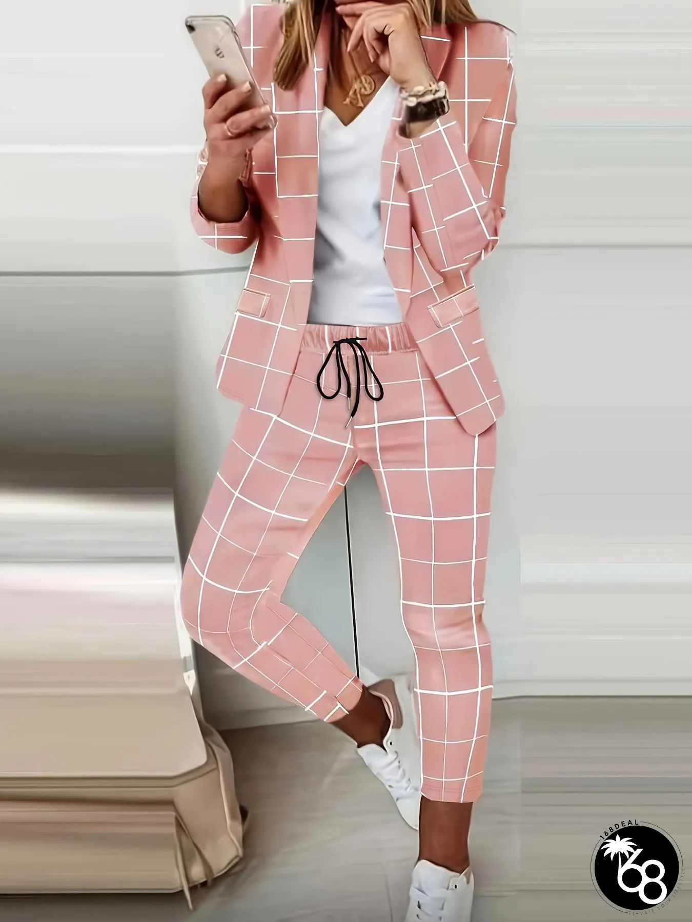 Stylish & Casual Plaid Print Womens Suit Set For Seasonal Transitions Made From Stretchy | 168DEAL