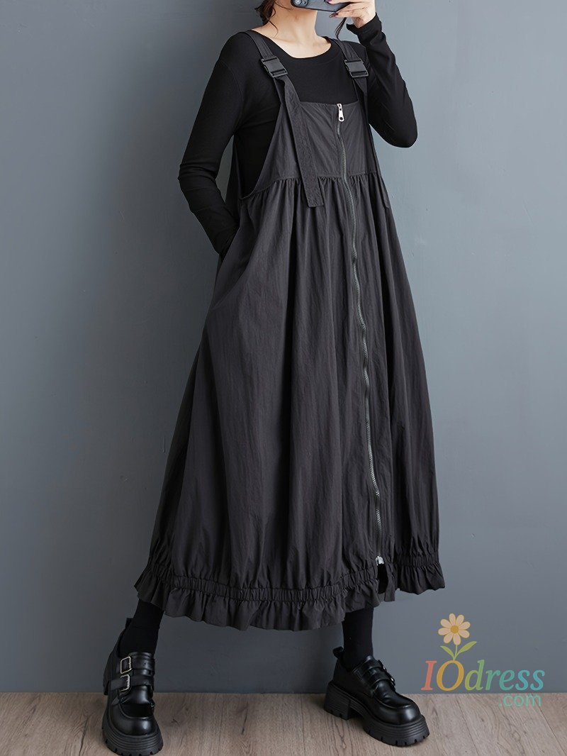 IO Dress New Autumn Hong Kong Style Solid Color Pinafore Dress with Zipper Versatile Loose Mid-Length Cotton Linen Dress