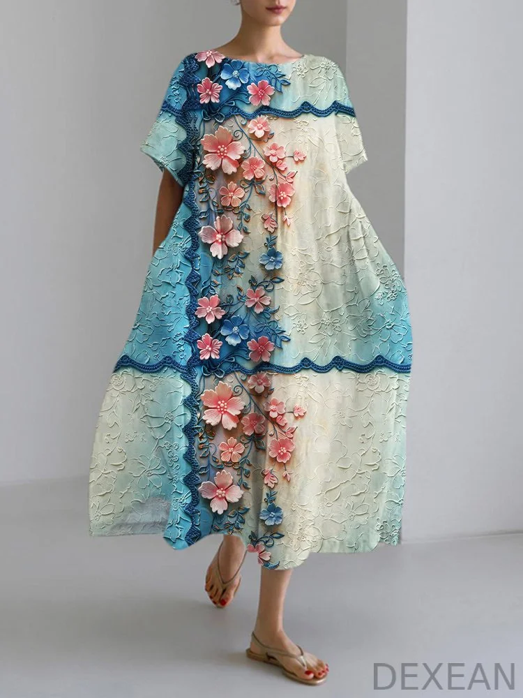 Gradient Embossed Floral Pattern Linen Blend Maxi Dress