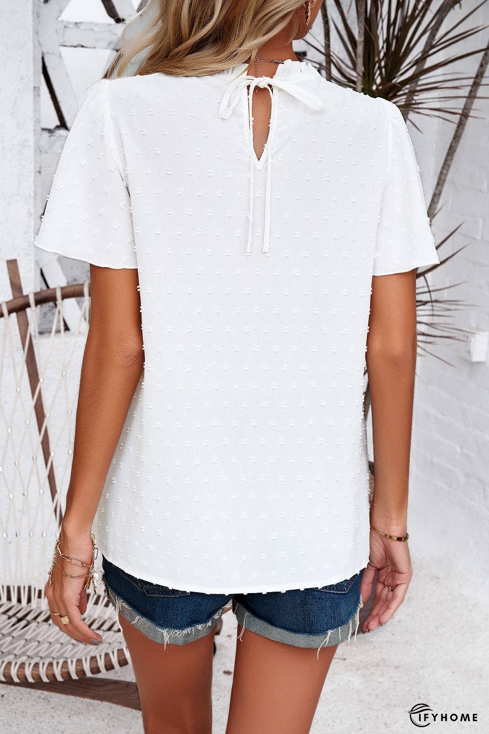 Swiss Dot Smocked Round Neck Short Sleeve Blouse | IFYHOME