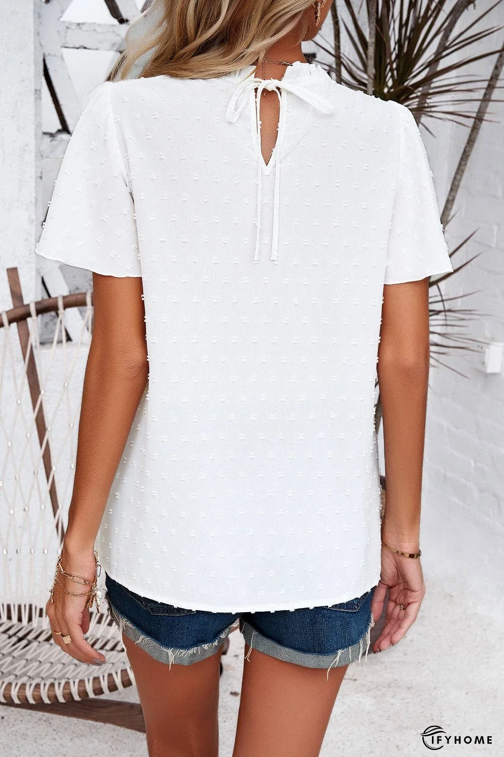 Swiss Dot Smocked Round Neck Short Sleeve Blouse | IFYHOME