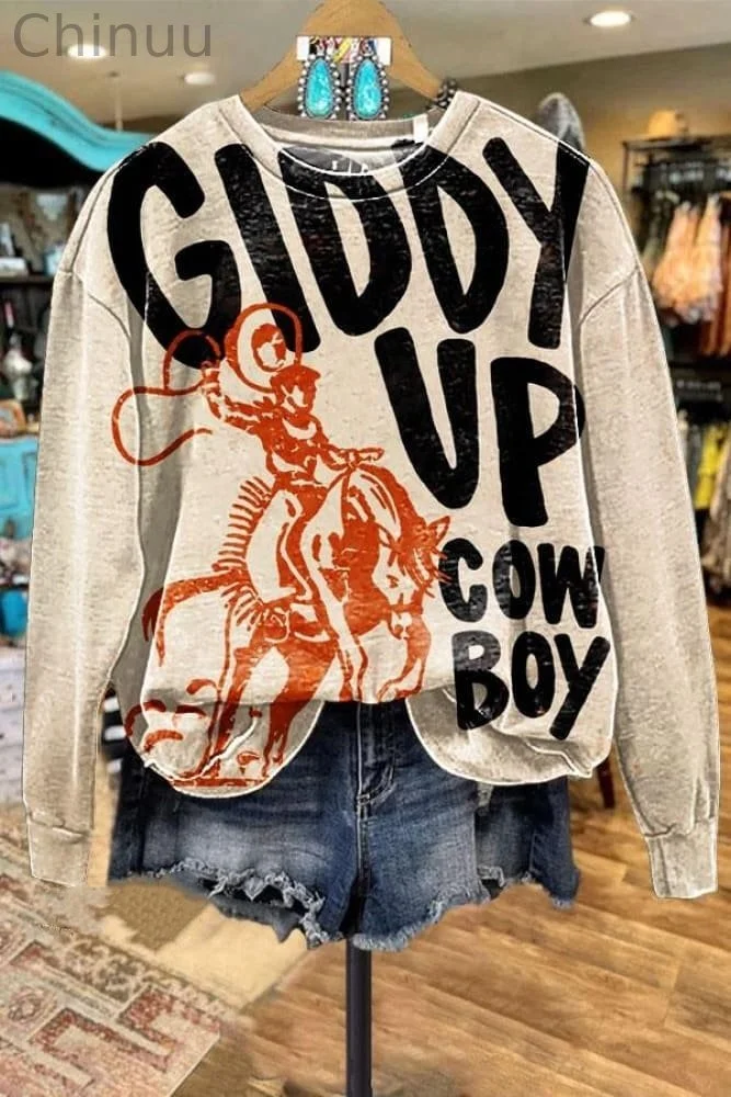 Vintage Wild West Cowboy Horse Art Print Casual Sweatshirt