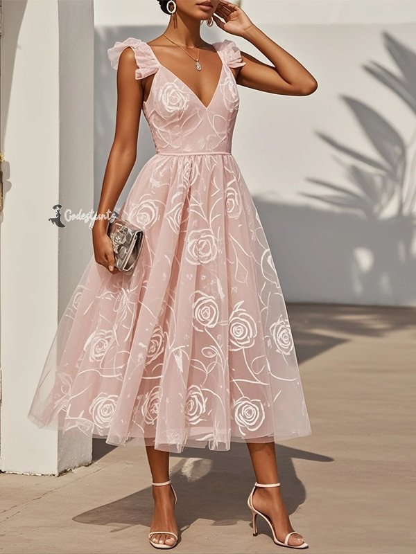 Light Pink Floral Ruffled Classic V Neck Sleeveless Ruffle Sleeve A-Line Midi Dress