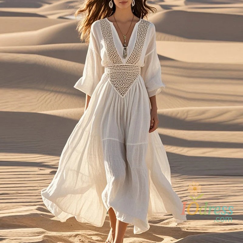 IO Dress Women White Sexy Deep V Hollow Beach Boho Dresses Vintage Fashion Style Wrinkles Long Sleeve A-Line Pullover Beach Dress 2025