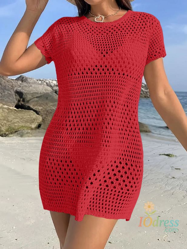 IO Dress Summer Solid Color Mini Dress round Neck Holiday Hollow out Sun Protection Beachwear Women's Fashion Casual Skirt