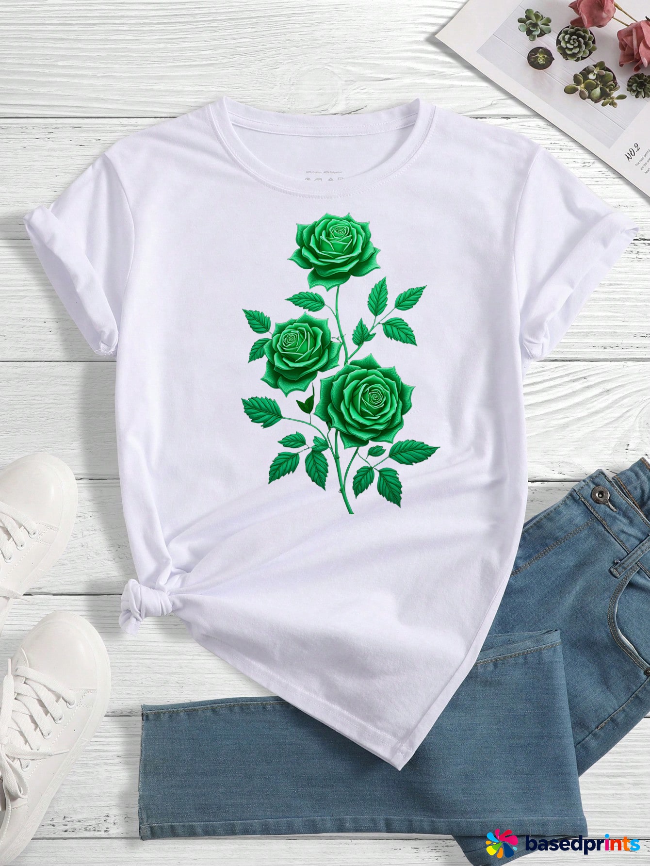 White Short Sleeve T-Shirt with Green Roses