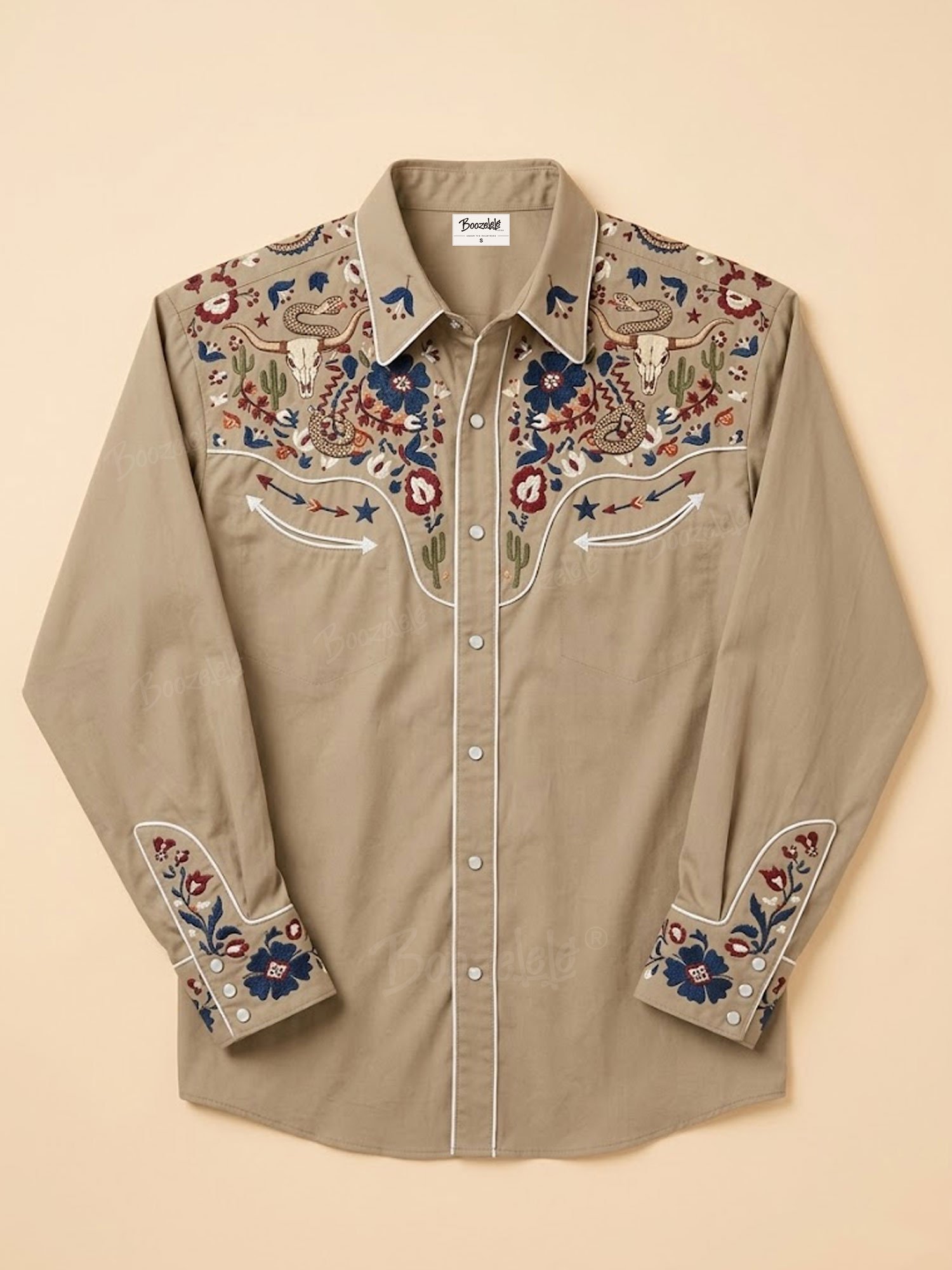 Ideal for Equestrian Socials & Fashion Shoots &mdash; Elegant Earth Tone Vintage Pearl Snap High-Texture Boho Shirt