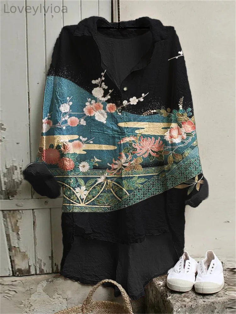 Floral Traditional Japanese Art High Low Linen Blend Tunic