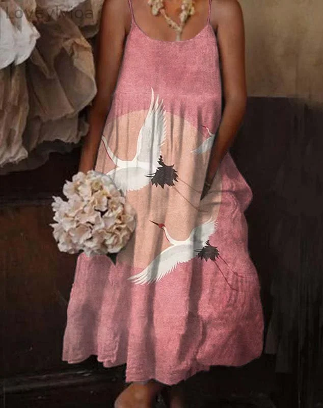 Japanese Crane Pink Loose Sleeveless Dress