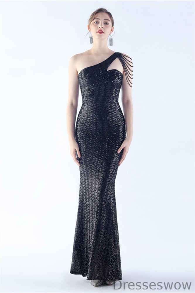 Dresseswow Sequins One Shoulder Evening Gown Mermaid WIth Dropped Beadings
