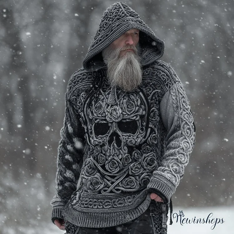 Men's Viking Tribal Jacquard Celtic With Rose And Skull Face Inspired Chunky Knit Hooded Sweater