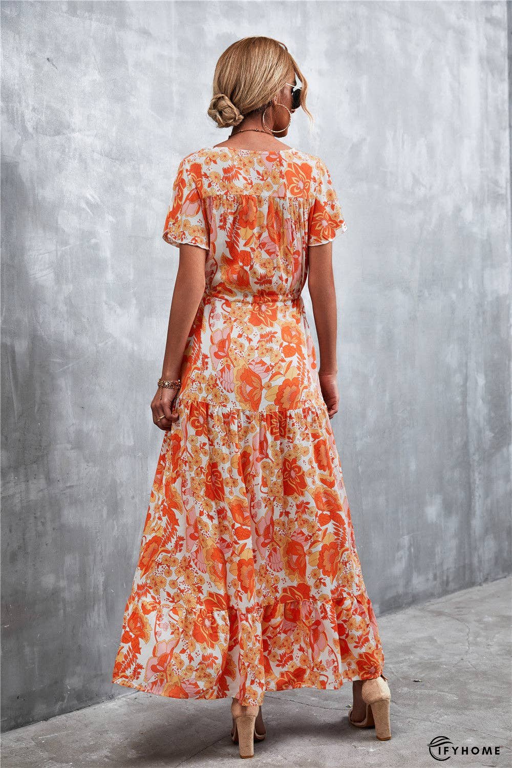 Floral Buttoned Drawstring Waist Tiered Dress | IFYHOME
