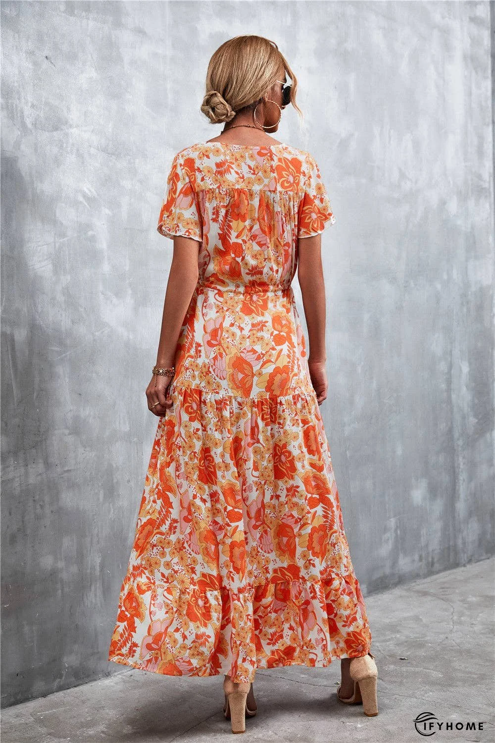 Floral Buttoned Drawstring Waist Tiered Dress | IFYHOME