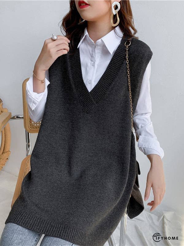 Trendy Sleeveless Split-Side Solid Color V-Neck Knitted Vest | IFYHOME