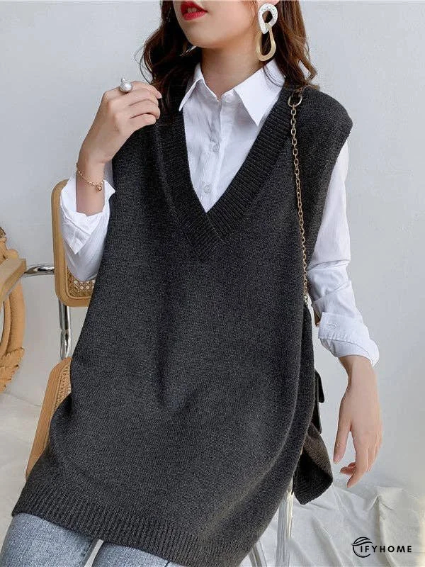 Trendy Sleeveless Split-Side Solid Color V-Neck Knitted Vest | IFYHOME
