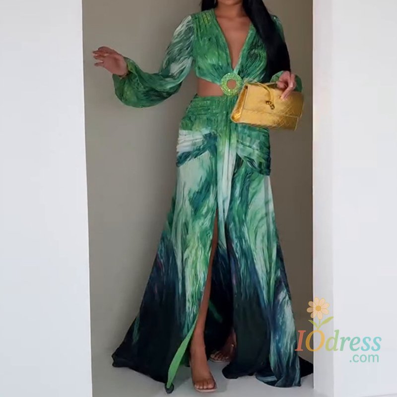 IO Dress Sexy Lady Deep V Long Sleeved Holiday Dress Fashion High Waisted Hollow Out Split Robe Dresses New Autumn Printed Bohemian Dress