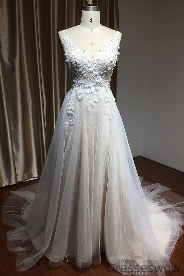Dresseswow Straps Appliques Appliques Side Wedding Dress With Split Backless