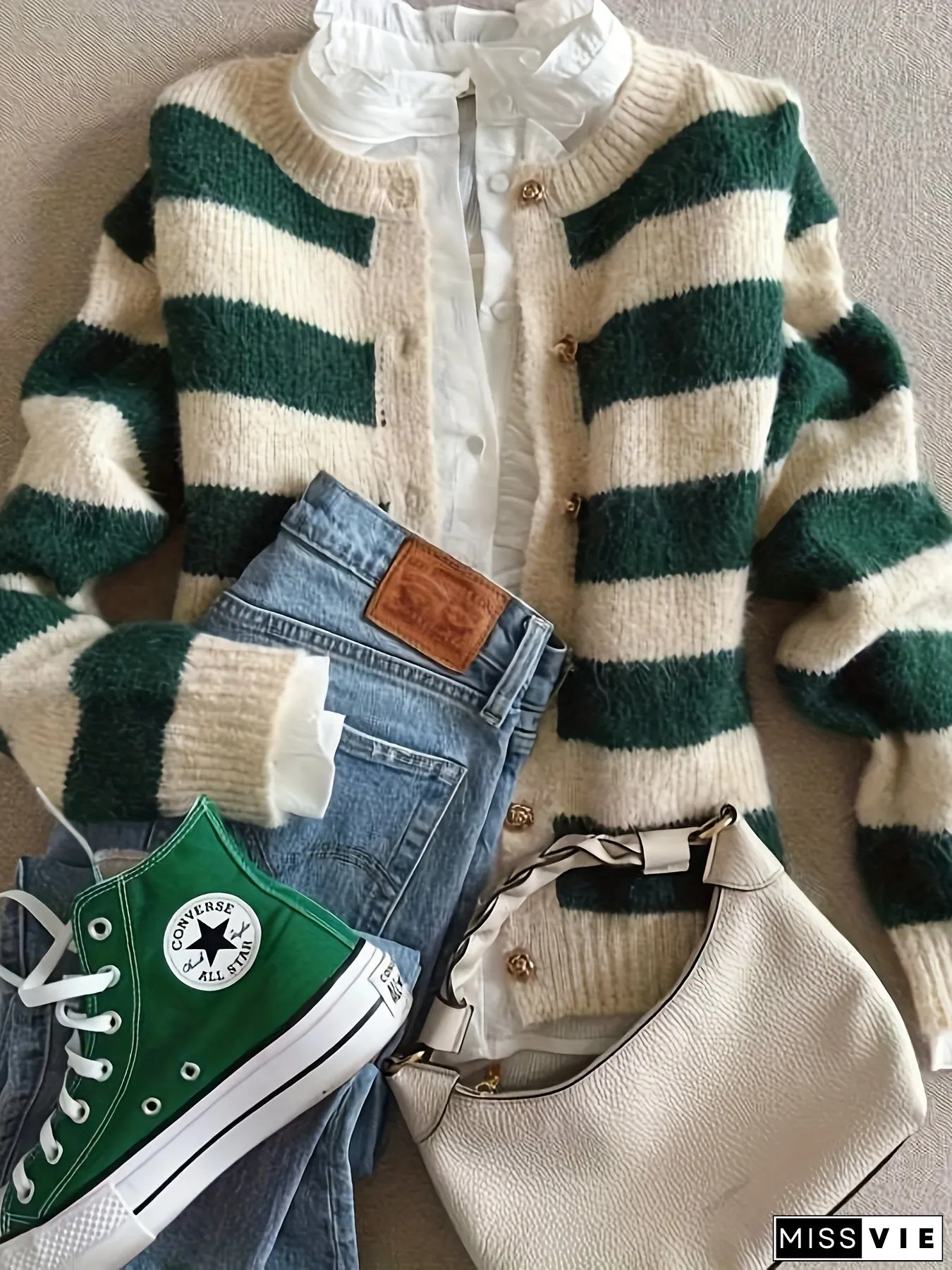 Striped Pattern Crew Neck Cardigan Casual Button Front Long Sleeve For Fall Womens