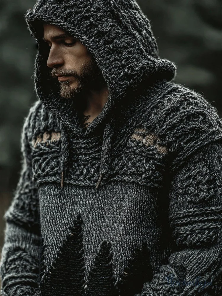 Men's Vintage Dark Forest Silhouette Cozy Chunky Hooded Sweater