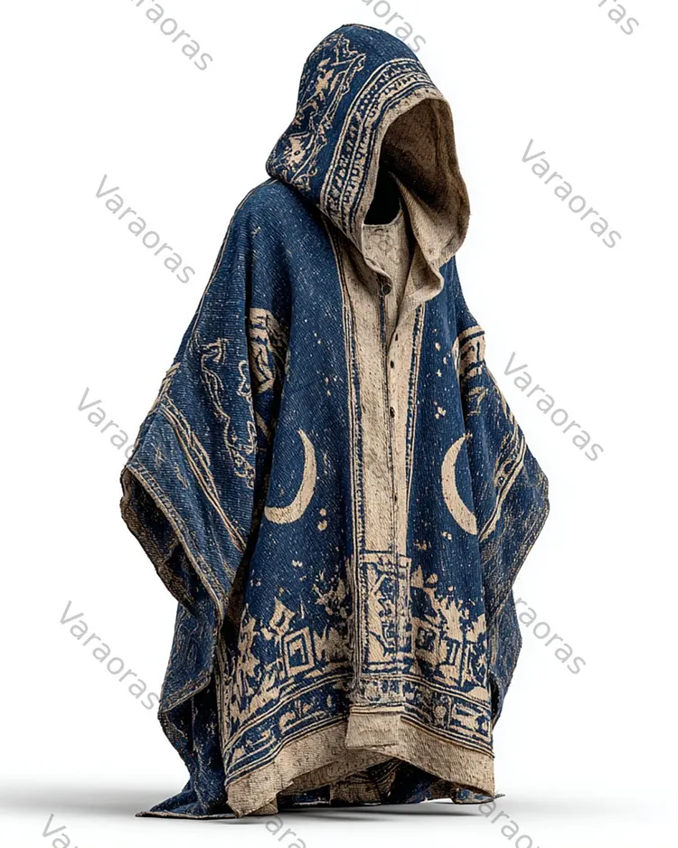 Men's Summer Fashion Star and Moon Embroidered Linen Hooded Cape 3882