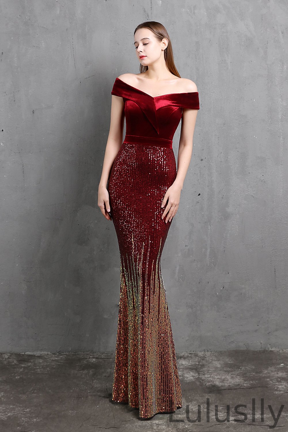 Luluslly Off-the-Shoulder Ombre Sequins Evening Gowns Mermaid Long On Sale