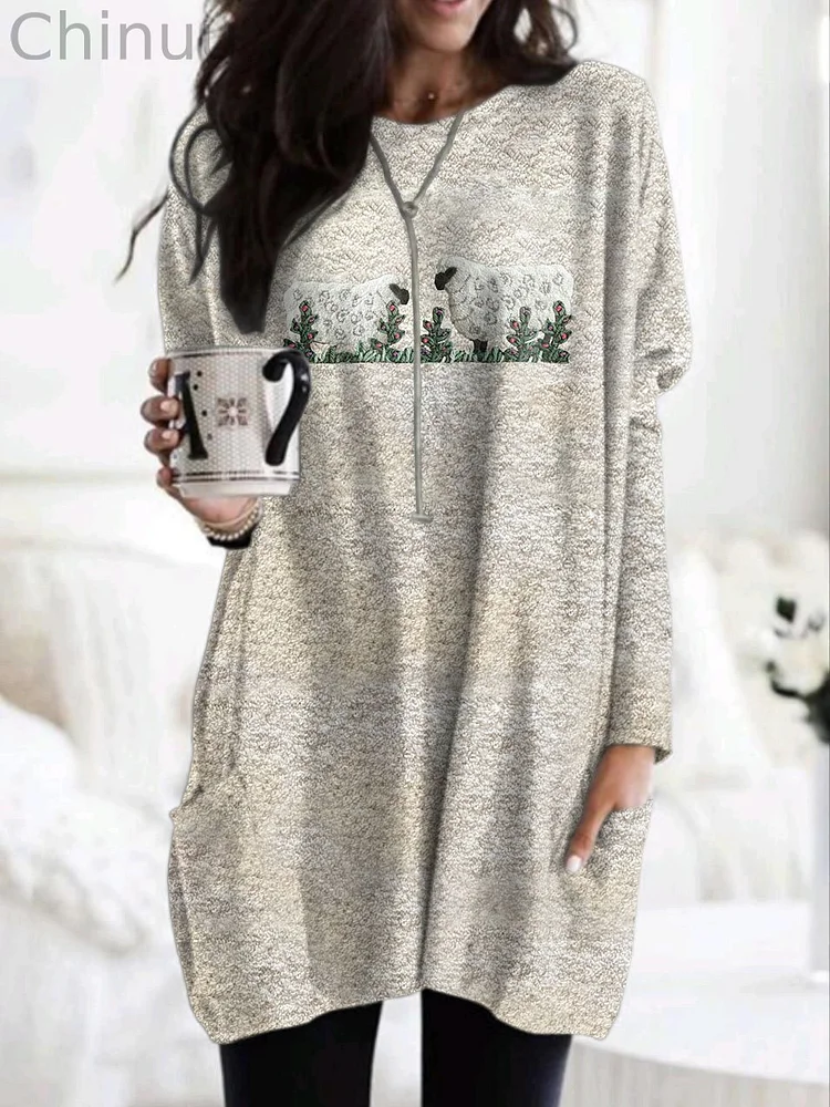 Women's Cute Plush Sheep Pattern Print Dress