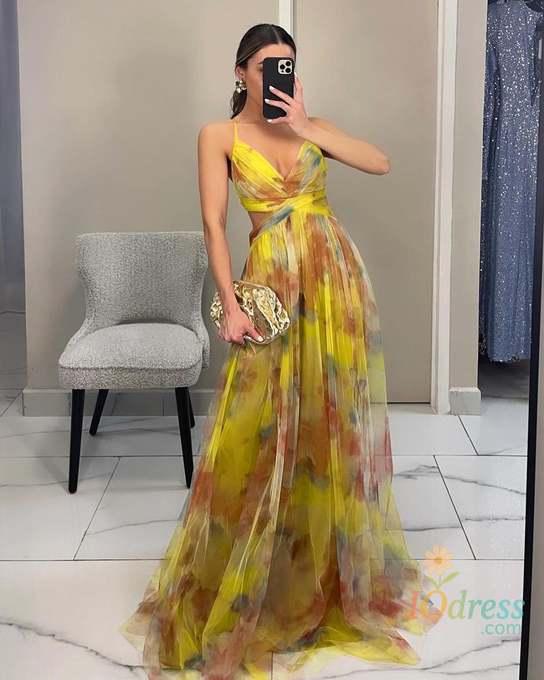 IO Dress Elegant Print Pleated Mesh Evening Dress Sexy Off Shoulder Ins Vacation Long Dress Summer V Neck High Waist Backless Sling Dress IO Dress