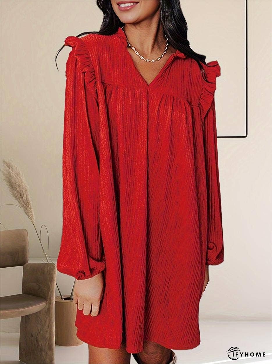 Textured Ruffled Trim V Neck Loose Fit Mini Dress | IFYHOME