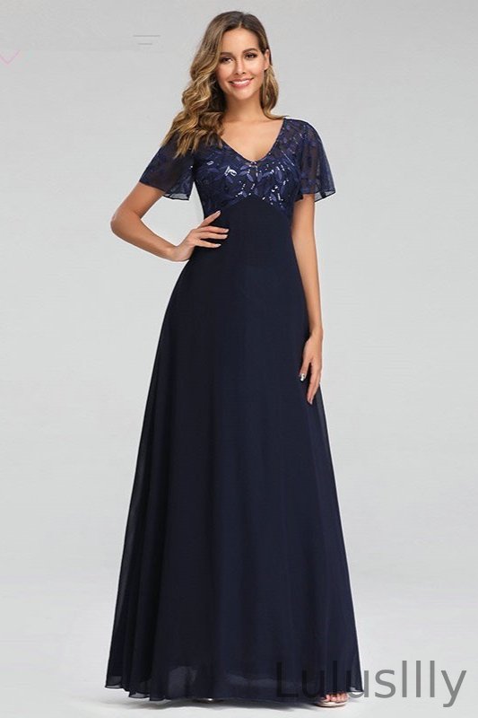 Navy Short Sleeve Appliques Long Chiffon Evening Prom Dress - lulusllly