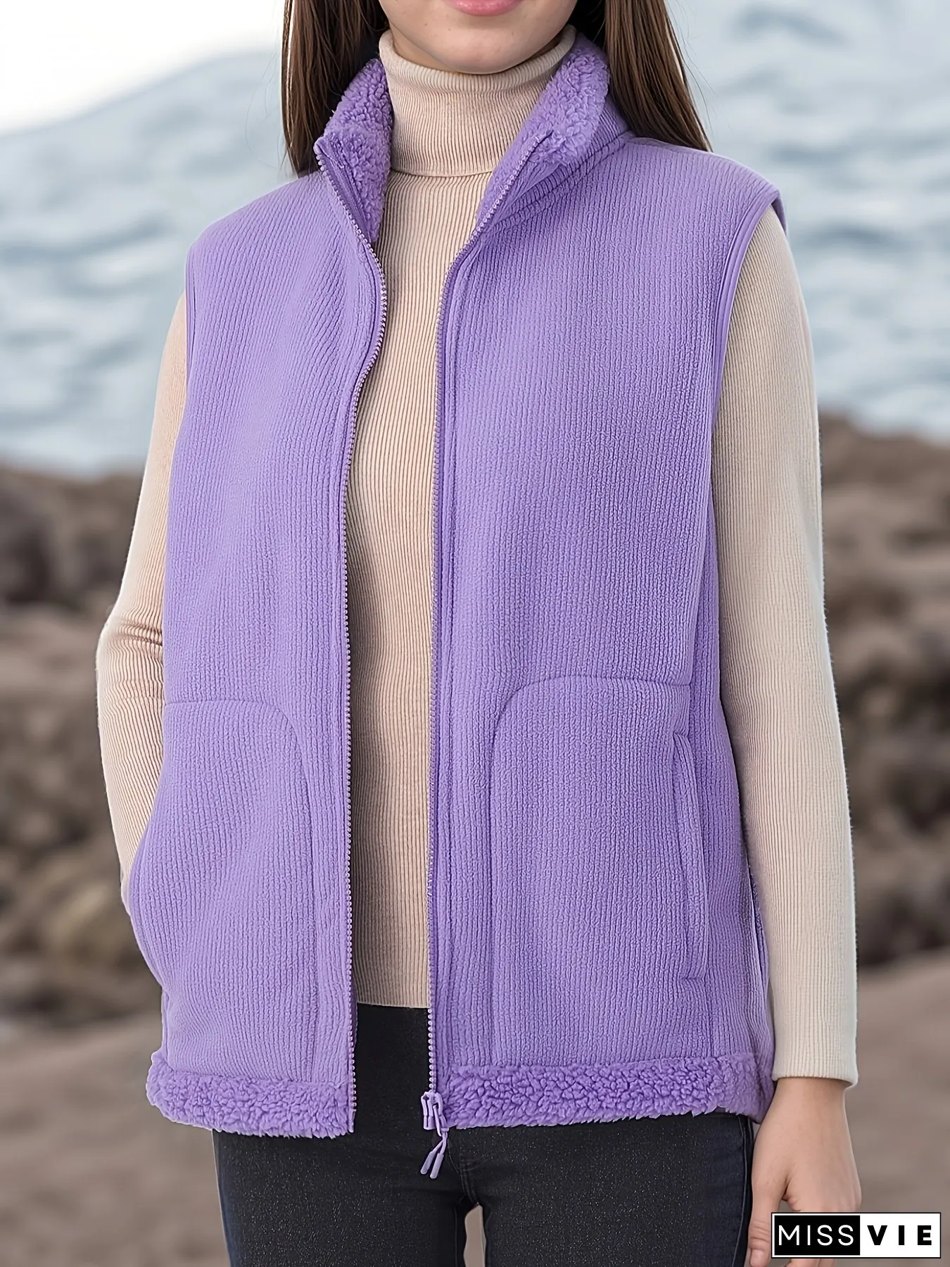 Womens Casual Outdoor V-Neck Fleece Vest Thick Insulated Warm Breathable Jacket