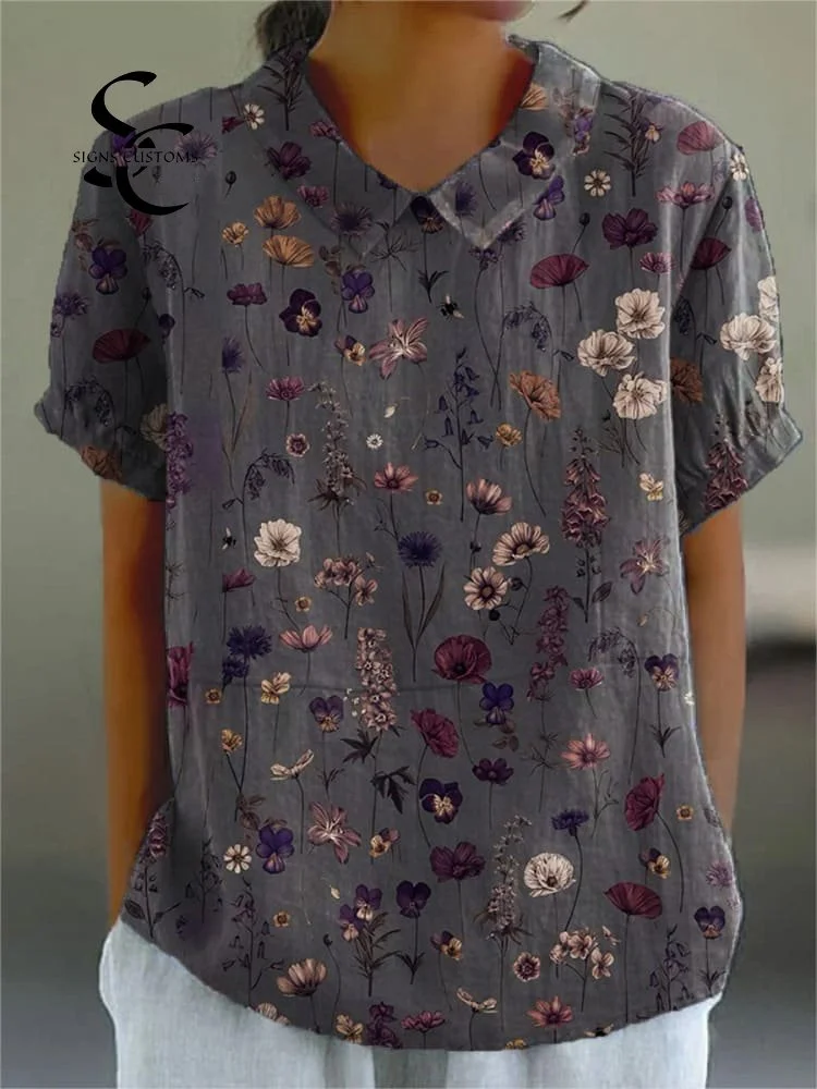 Women's Flower Art Print Casual Cotton And Linen Shirt