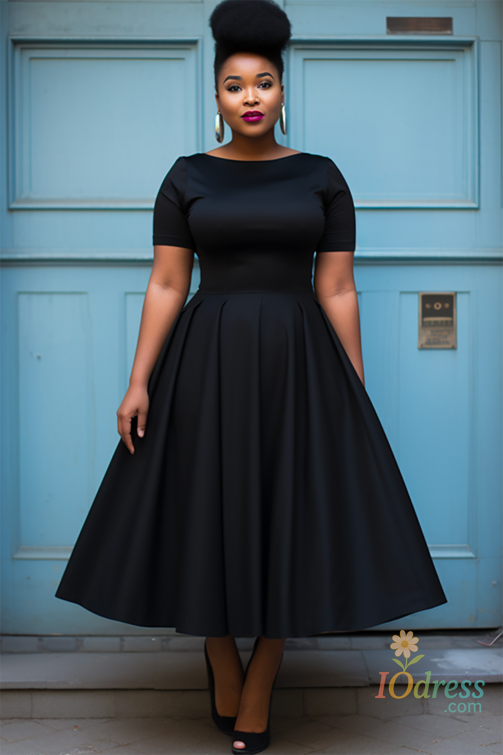 IO Dress Plus Size Elegant Semi Formal Dress Black Round Neck A-Line Short Sleeve Midi Dresses
