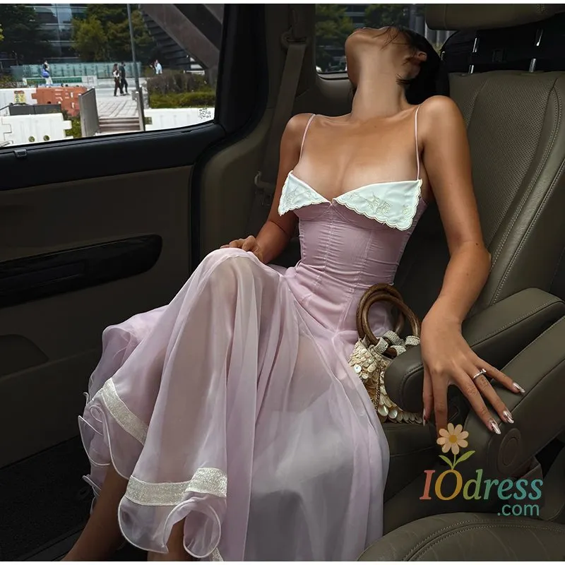 IO Dress Spaghetti Strap Lace Trim Flared Dress Women Sleeveless Waist Cinched Midi Dresses 2026 Summer Chic New Party Lady Robes IO Dress