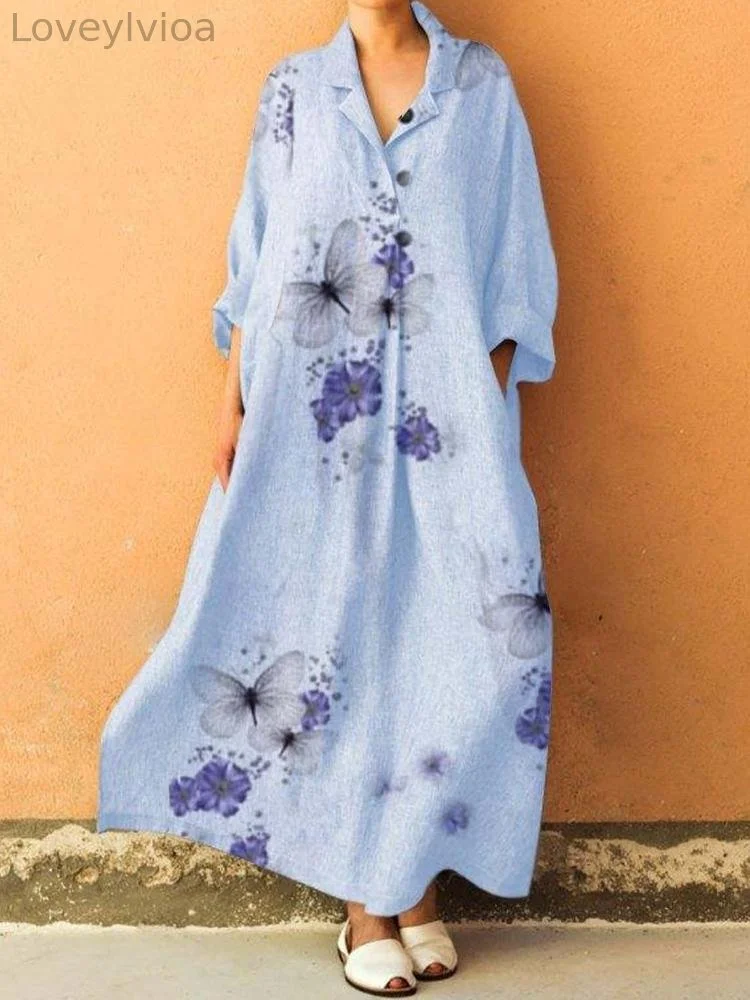Butterfly And Flower Printed Lapel Maxi Dress