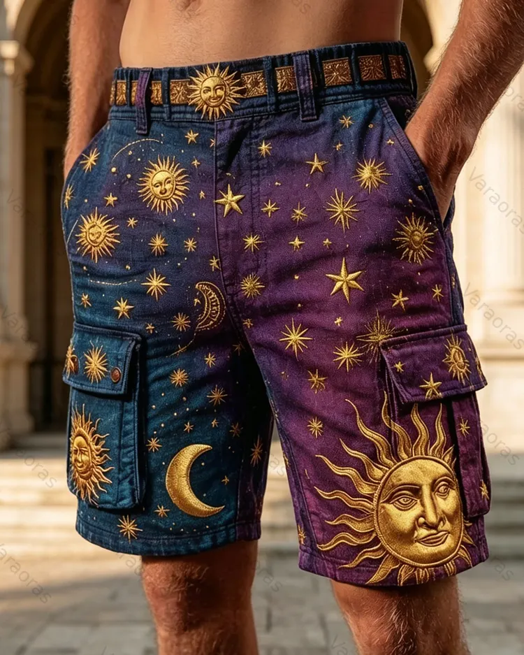 Men's Summer Fashion Star and Moon Print Embroidered Casual Linen Shorts 3430