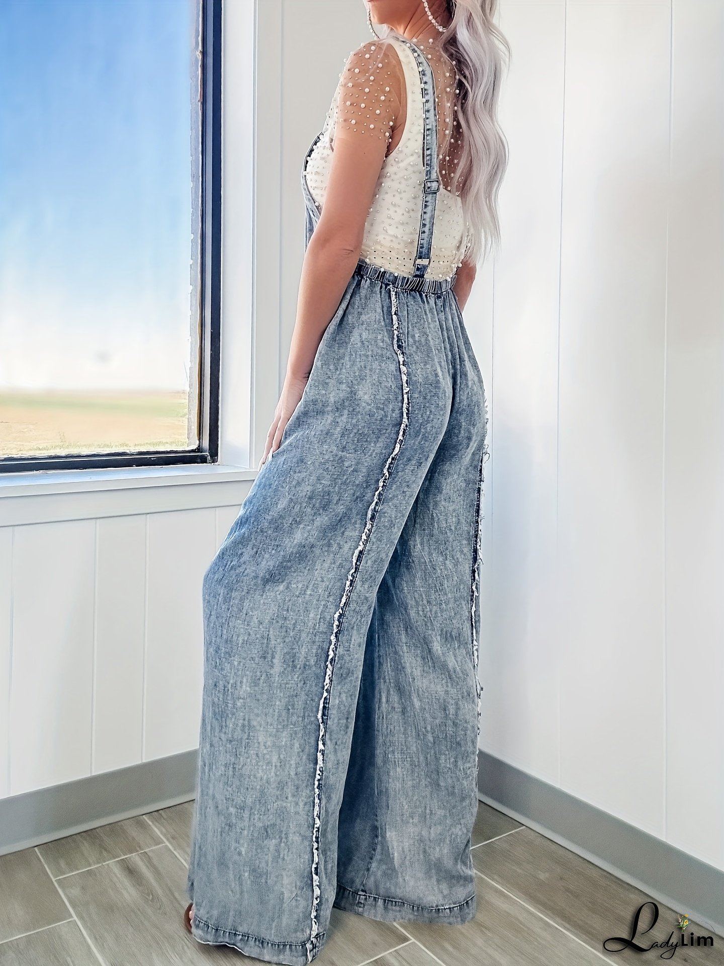 Women's Snow Wash Vintage Denim Jumpsuit - Oversized Wide Leg Romper with Fringe Hem & Belt Loops, 90s Y2K Retro Streetwear Style, Washed Jeans Overall (Hand Washable, No-Stretch Denim) for Parties/Casual/Themed Events