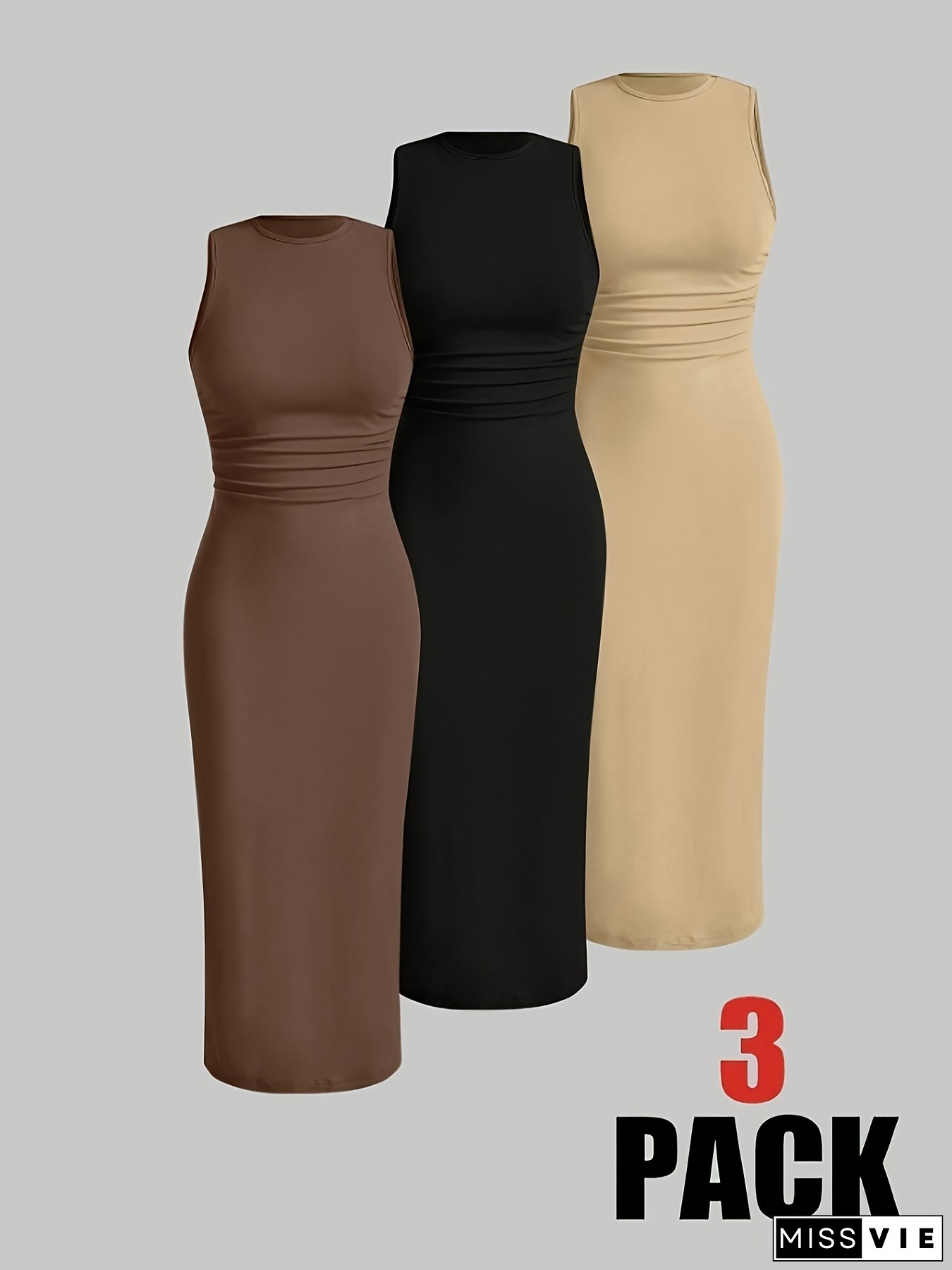Women's Summer Casual Ruched Waist Slim Fit Sleeveless Dress - Breathable Stretchy Maxi Dress In 4 Colors (Beige/Black/Brown/Dark Grey) | Machine Washable, Dresses For Summer, Everyday Fashion, Flowy Fabric, Comfortable Wear